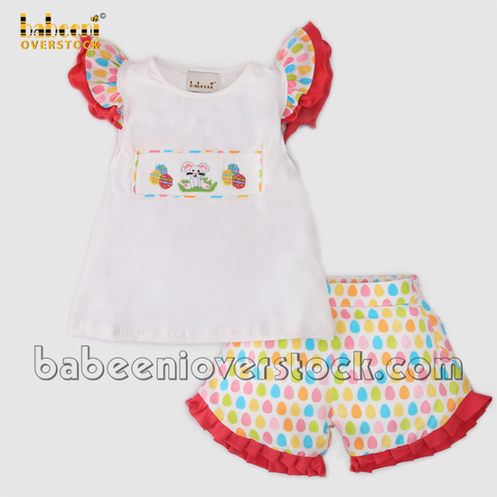 Girl set with smocked colorful eggs & rabbit - BB2357